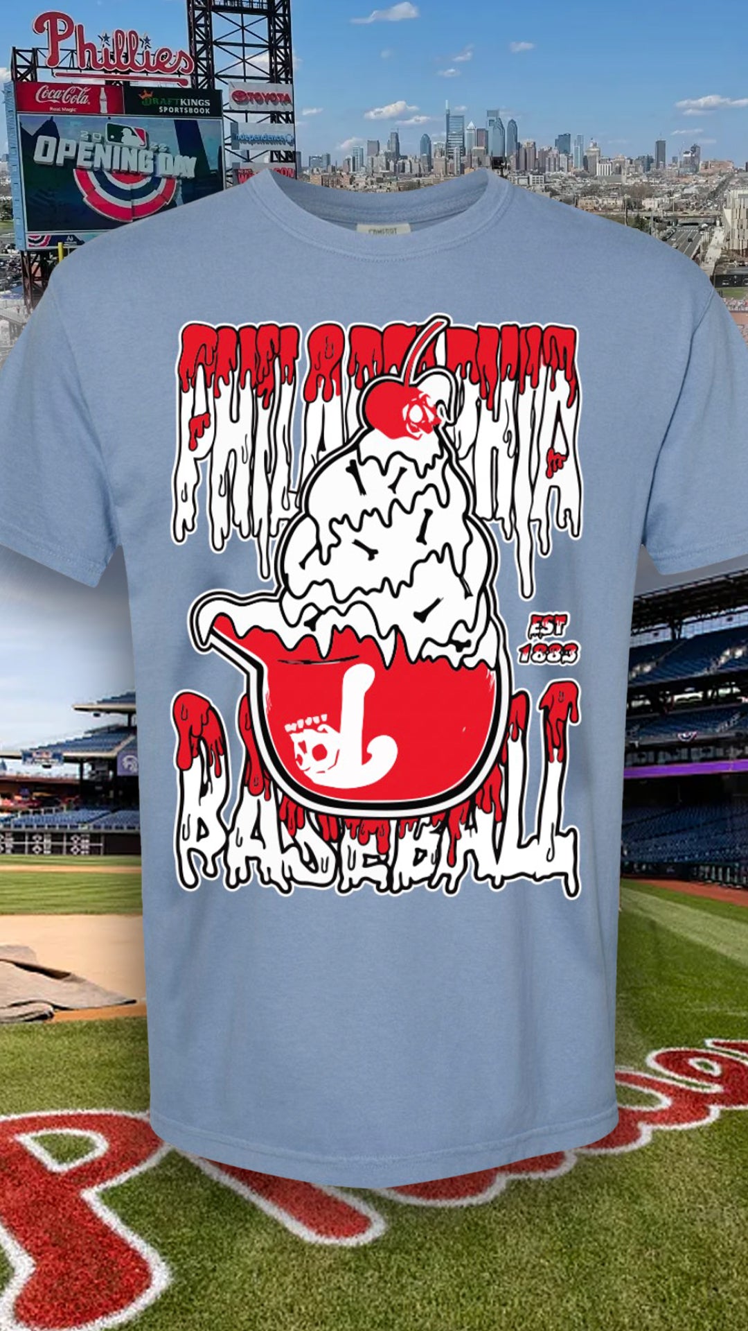 PHILADELPHIA PHILLIES ICE CREAM HELMET SKULL TEE - BLUE