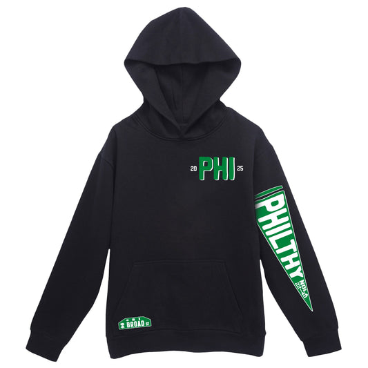 Philadelphia Eagles Super Bowl LIX 2025 hoody with logo and world champions 2025 design, pennant flag sleeve Philthy design 40-22, and broad street design on front kangaroo pocket