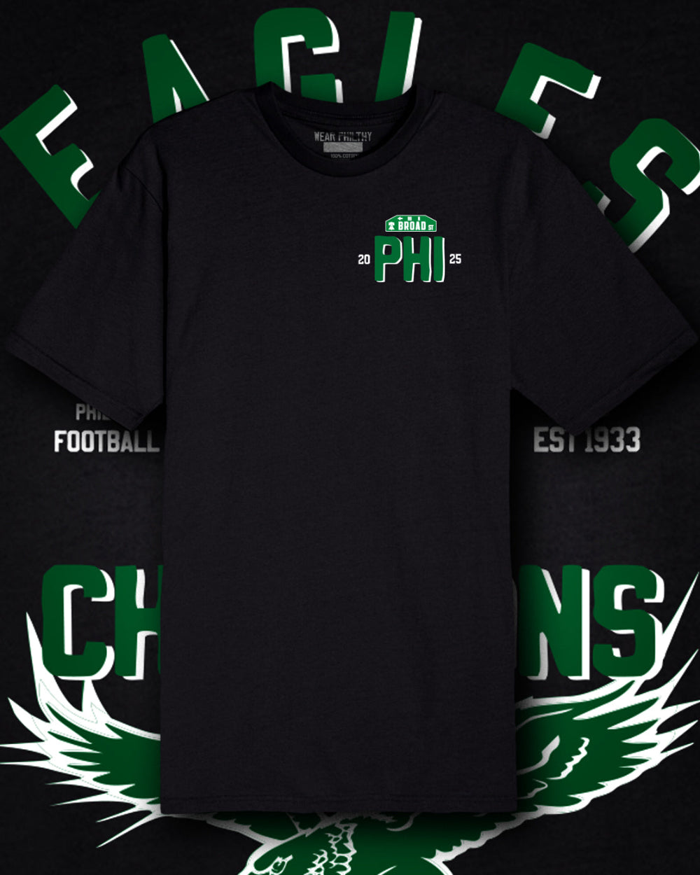 Black Philadelphia Eagles tee shirt with eagles logo and broad street sign