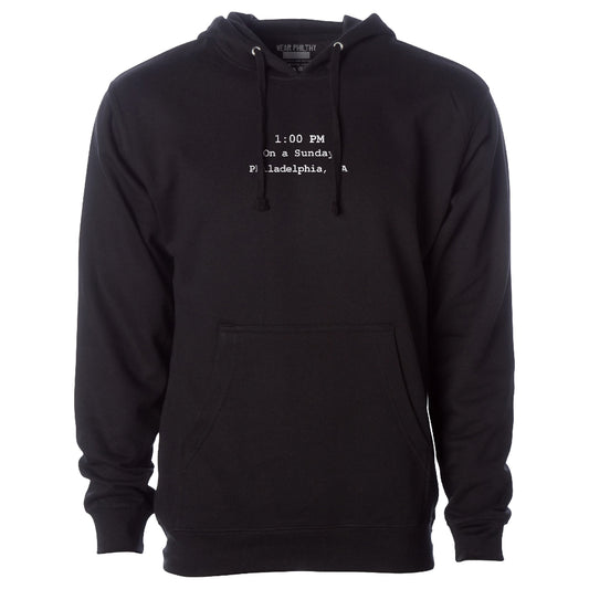 Its Always Sunny Inspired Philadelphia hoody, No One Like's Us, We Don't Care with the opening credits on the front in various times. "Sunday - Philadelphia PA 1:00P"