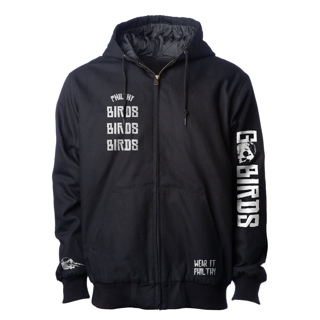 PHILADELPHIA EAGLES PHILTHY BIRDS INSULATED WORKWEAR JACKET with Go Birds on the sleeve, Birds Birds Birds on the left chest