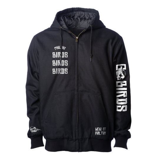 PHILADELPHIA EAGLES PHILTHY BIRDS INSULATED WORKWEAR JACKET with Go Birds on the sleeve, Birds Birds Birds on the left chest
