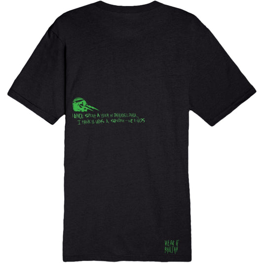 Philadelphia Eagles Go Birds Skull Tee with a quote that says I once spent a year in Philadelphia, I think it was a Sunday. WC Fields