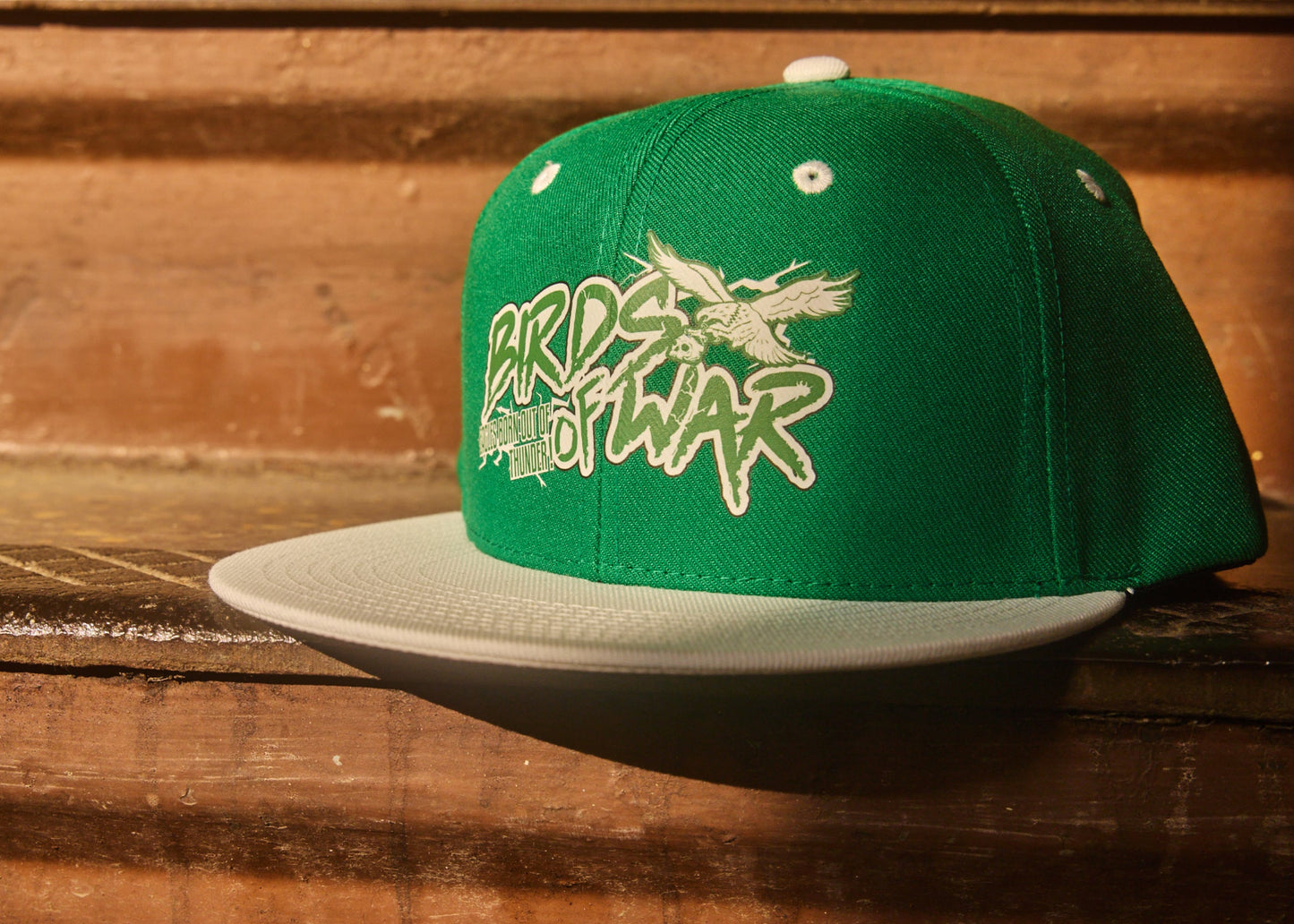 Philadelphia Eagles Kelly Green snapback hat with It's Always Sunny Birds of War design. Eagles born out of thunder