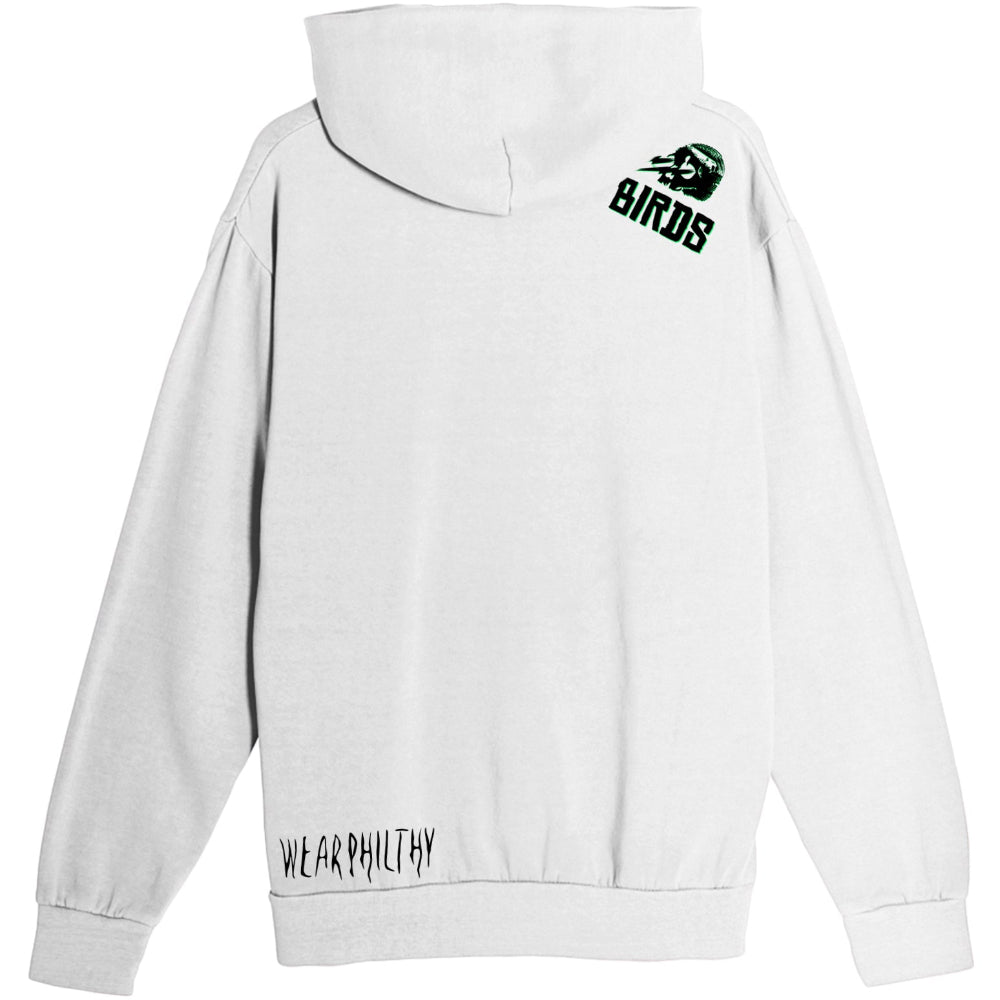 Philadelphia Eagles Philthy Birds Hoody Light Grey with a black and green design on front, and EST 1933 hit on shoulder area