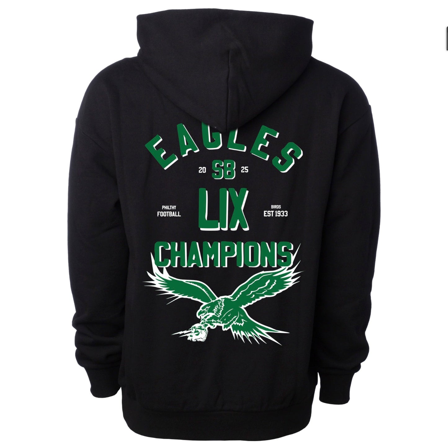 Philadelphia Eagles Super Bowl LIX 2025 hoody with logo and world champions 2025 design, pennant flag sleeve Philthy design 40-22, and broad street design on front kangaroo pocket