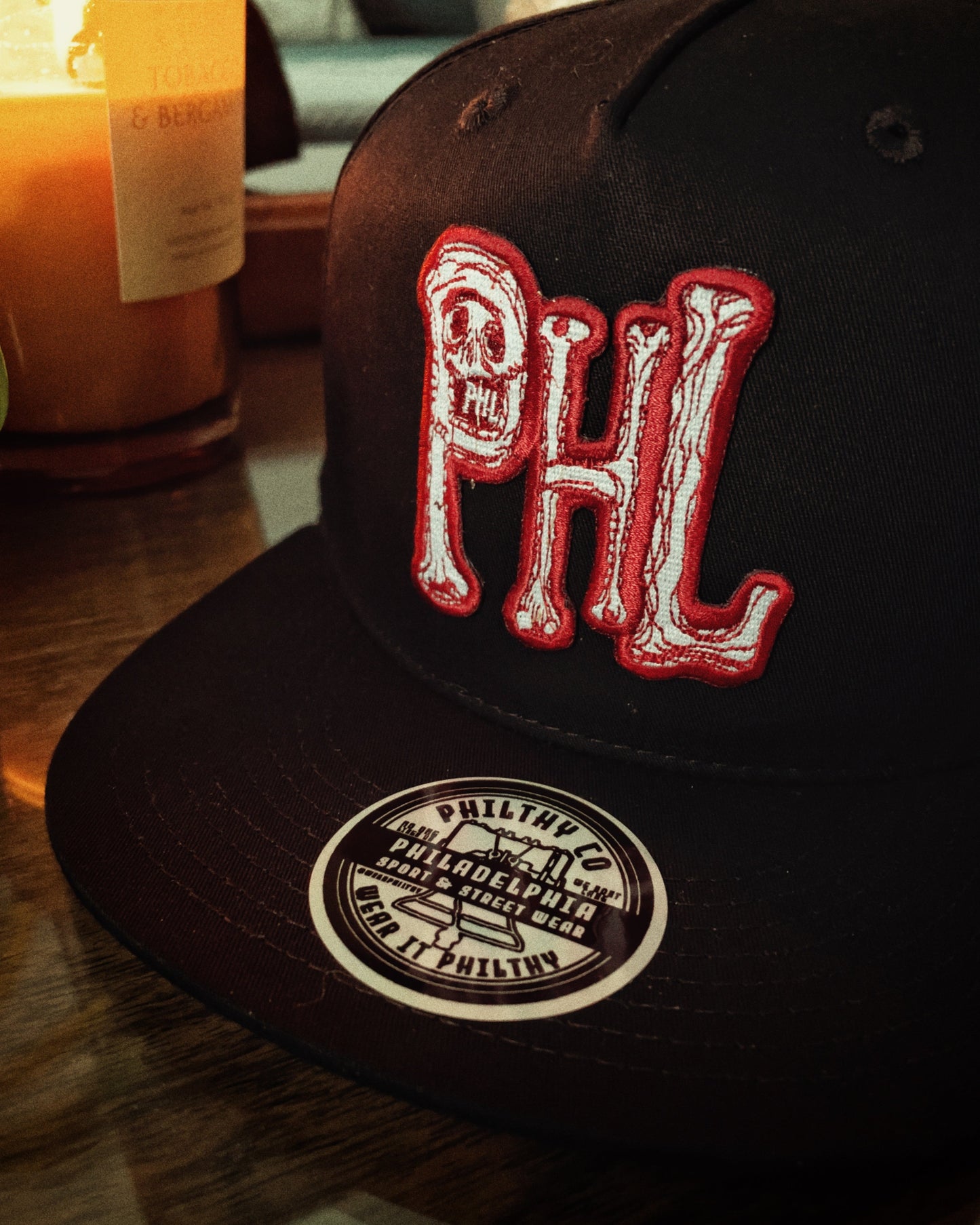 Philadelphia Fightins PHL Phillies black snapback hate with maroon and white PHL Phils logo embroidered patch