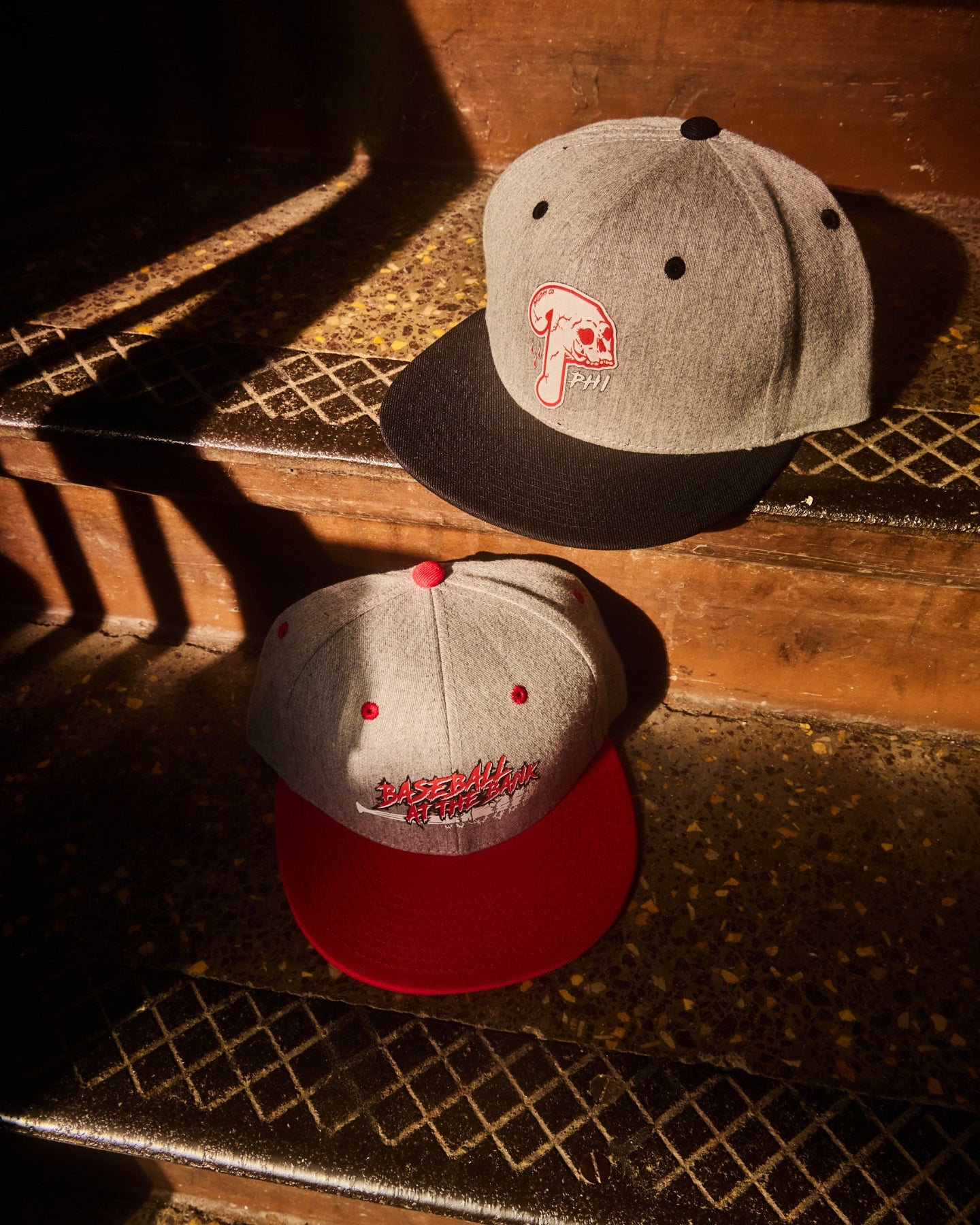 Philadelphia Phillies baseball red and grey two toned snapback hat with barbed wire baseball bat, bedlam at the bank design, citizens bank park