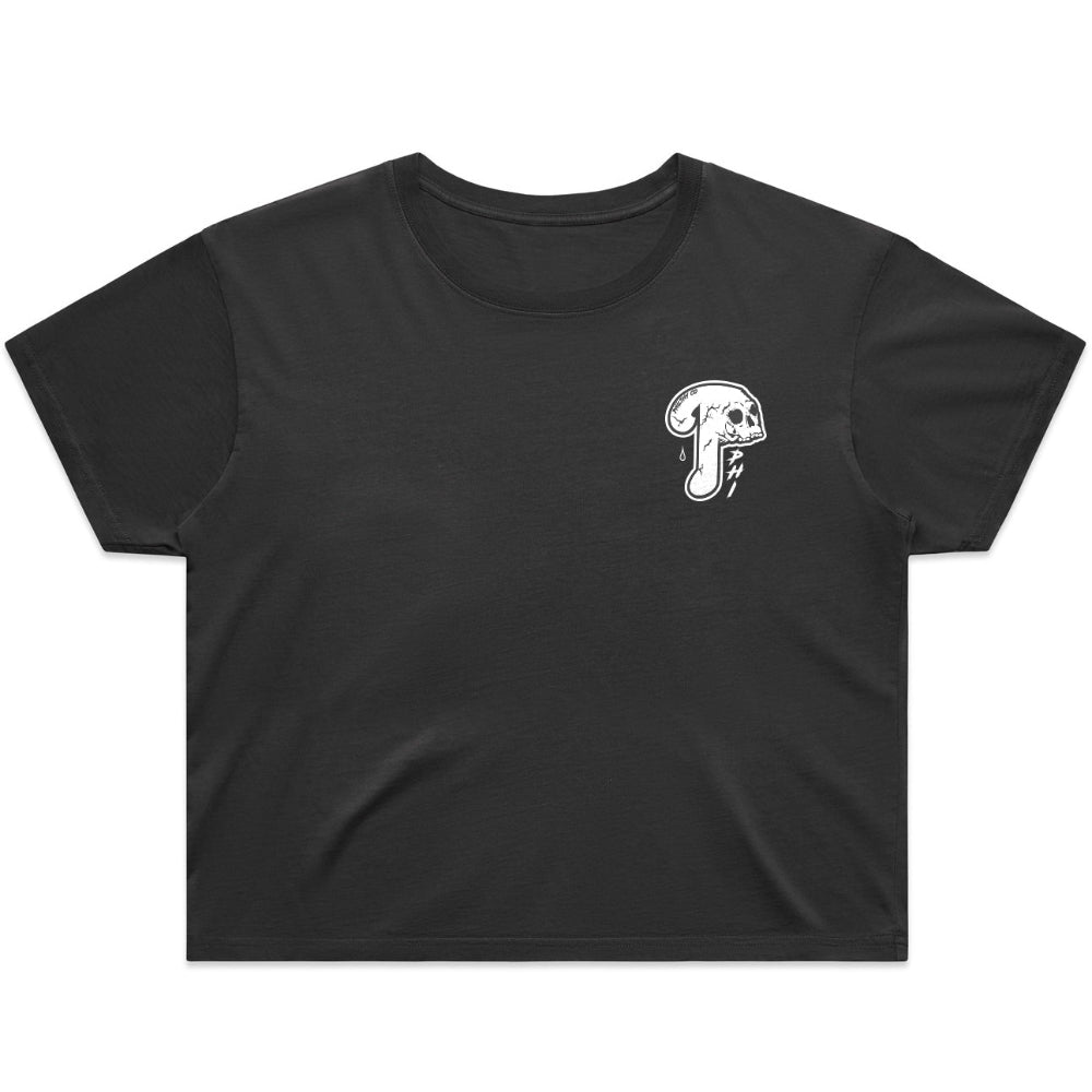 Philadelphia Phillies Womens Crop Top Tee shirt with Bedlam at the bank design on back and Old school Phillies P Logo on front in vintage black