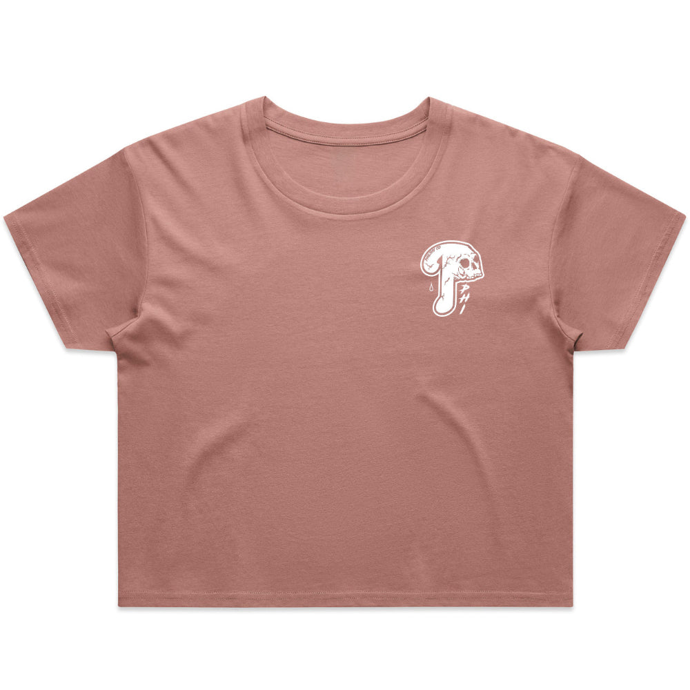 Philadelphia Phillies Womens Crop Top Tee shirt with Bedlam at the bank design on back and Old school Phillies P Logo on front in dusty rose / pink
