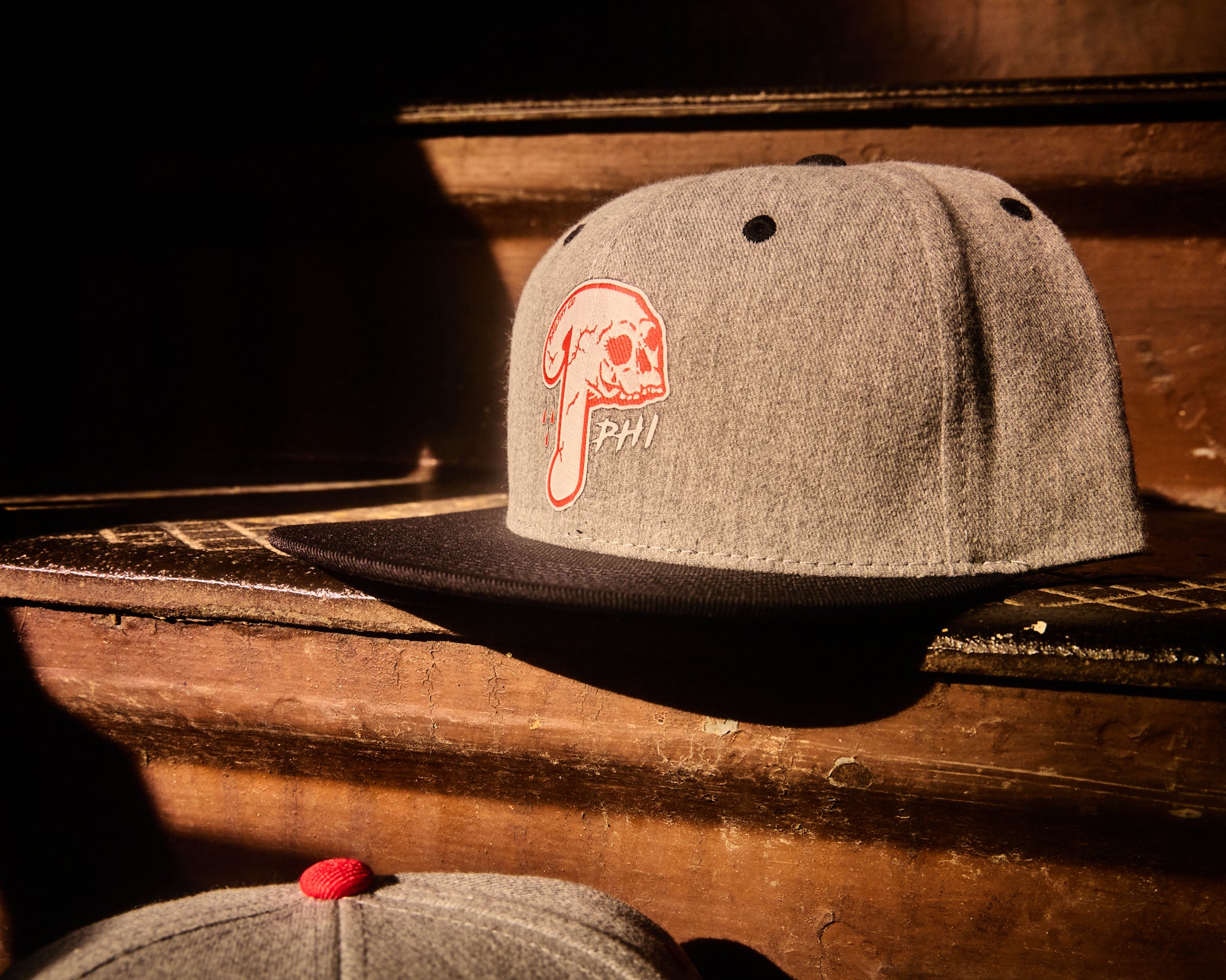 Philadelphia snapback red and white  logo with skull design and tear drops with white PHL snapback hat