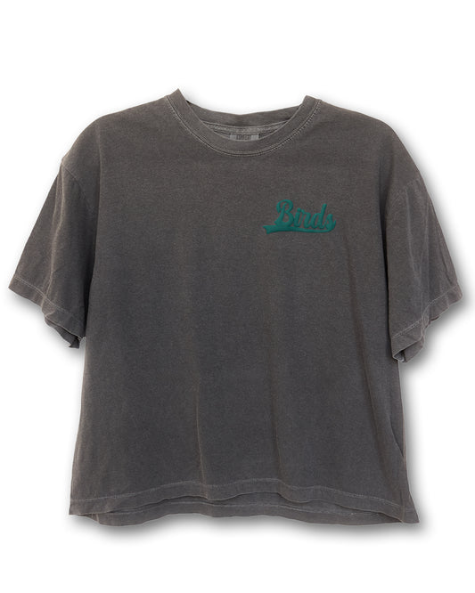 BIRDS WOMENS BOXY TEE - MIDNIGHT GREEN BIRDS SCRIPT