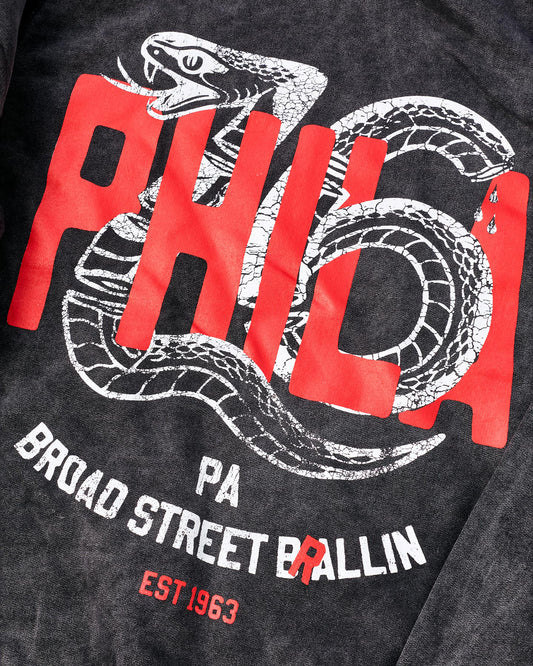 PHILADELPHIA 76ERS VINTAGE RAGLAN HOODY - BLACK ACID WASHED