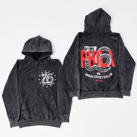 PHILADELPHIA 76ERS VINTAGE RAGLAN HOODY - BLACK ACID WASHED