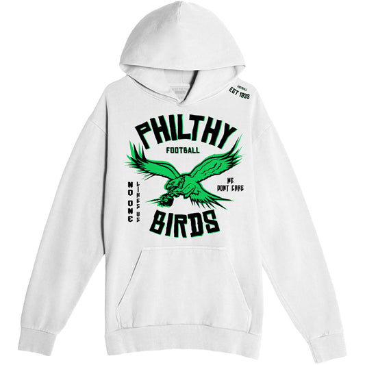 Philadelphia Eagles Philthy Birds Hoody Light Grey with a black and green design on front, and EST 1933 hit on shoulder area