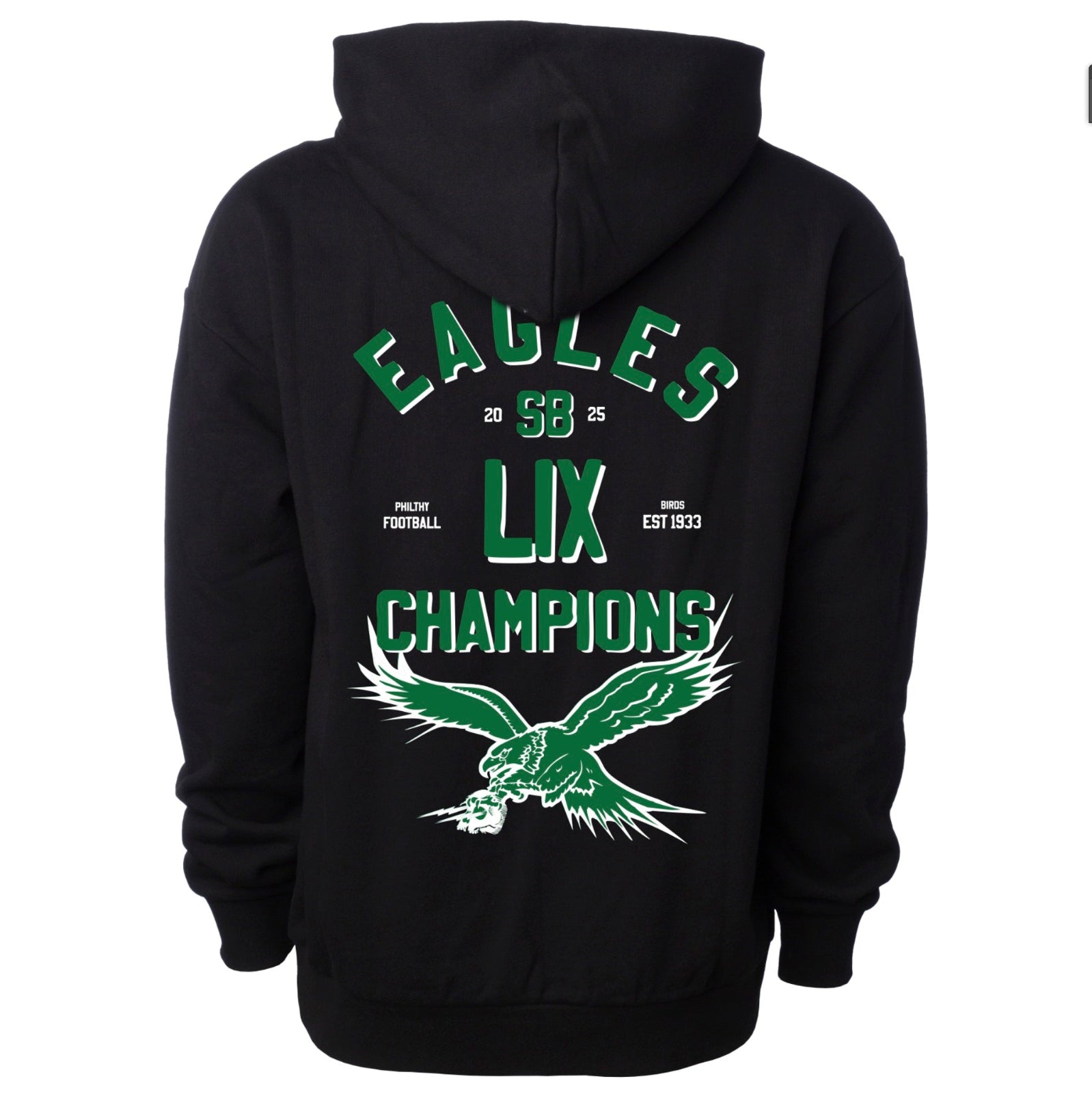 Philadelphia Eagles Super Bowl LIX 2025 hoody with logo and world champions 2025 design, pennant flag sleeve Philthy design 40-22, and broad street design on front kangaroo pocket