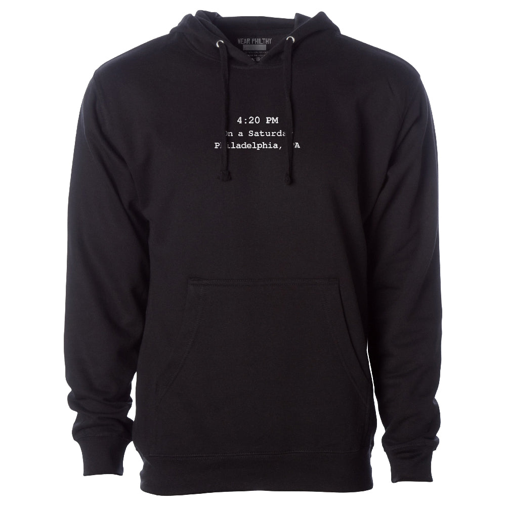 Its Always Sunny Inspired Philadelphia hoody, No One Like's Us, We Don't Care with the opening credits on the front in various times. "Sunday - Philadelphia PA 1:00P"